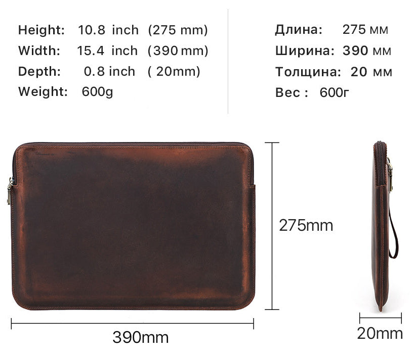 Vintage Vollnarbenleder Laptop-Reißverschlusstasche für MacBook Pro/ Air 15“ mit abnehmbarem Handgelenkriemen