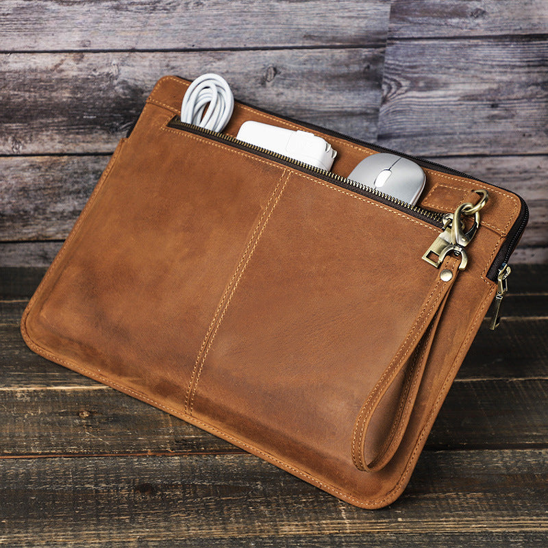 Retro Full Grain Leather Laptop Zipper Sleeve Case for MacBook Pro 13.3" 14" with Detachable Hand Strap