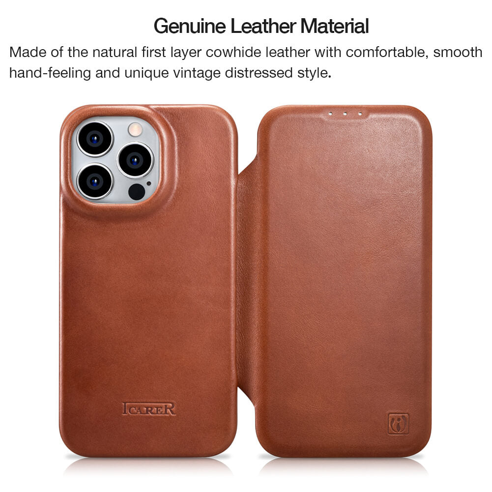 iPhone 14 Pro/ Max Distressed Leather Magnetic Closure MagSafe Flip Wallet Case_material_genuine cowhide leather