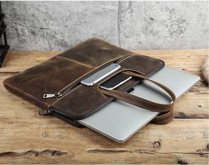 Vintage Full Grain Cowhide Leather Zipper Laptop Case Bag for MacBook Pro/ Air 15"