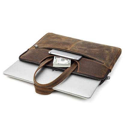 Vintage Full Grain Cowhide Leather Zipper Laptop Case Bag for MacBook Pro/ Air 15"