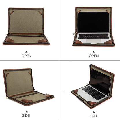 [Personalisierbar] Vintage Echtleder Zipper Folio Laptop Tasche Tragetasche mit Tasche für Apple MacBook Pro Air 15-Zoll/ 16-Zoll