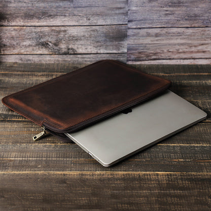 Vintage Vollnarbenleder Laptop-Reißverschlusstasche für MacBook Pro/Air 13.3“ mit abnehmbarem Handgelenkriemen