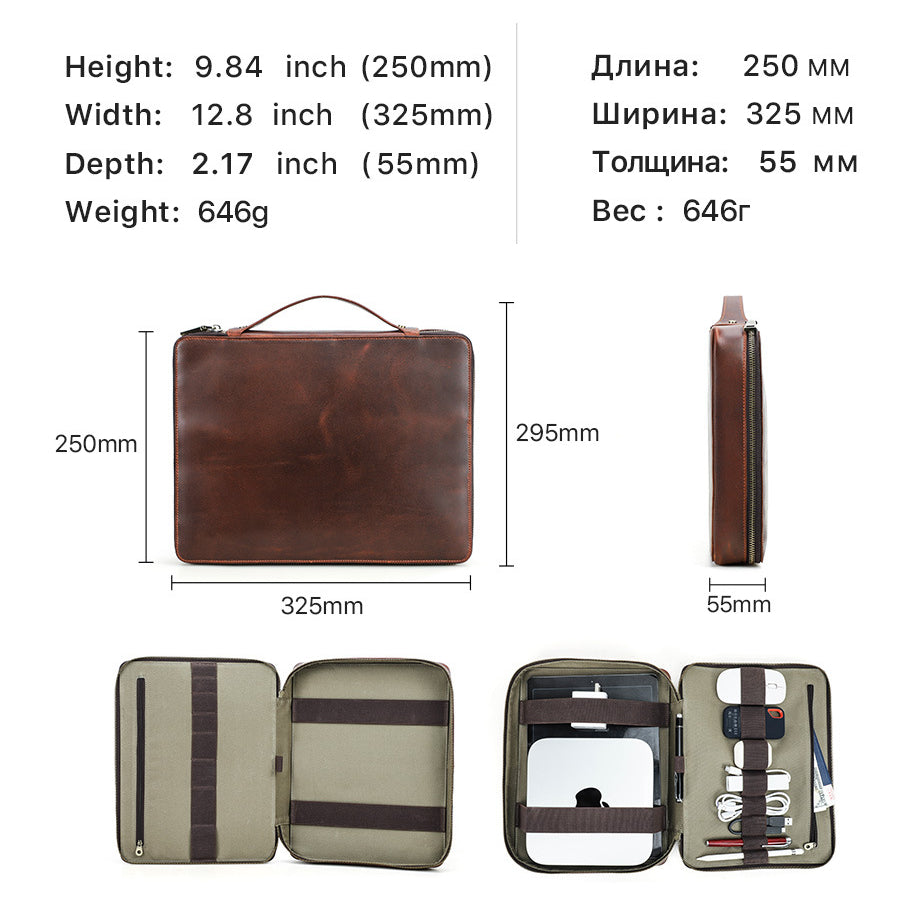 Vintage Handmade Genuine Leather Laptop Case Handbag for Mac Mini MacBook Pro 13.3" 14.2" with Hand Strap - Coffee