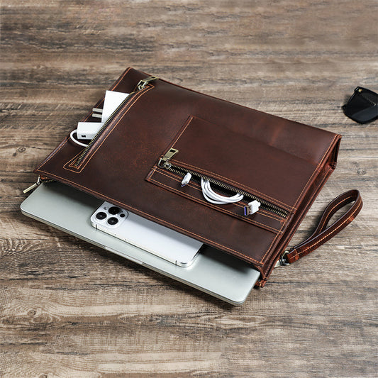 Vintage Echtes Leder Vielseitige Laptoptasche mit Fächern für MacBook Pro / Air 15-Zoll mit Reißverschlusstaschen & abnehmbarem Handgelenkriemen