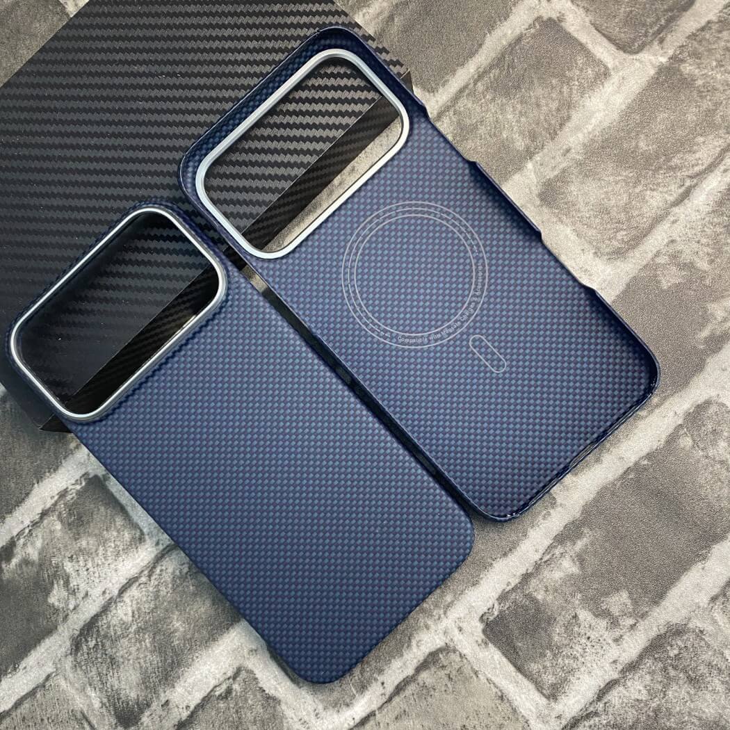 Real aramid fiber Kevlar MagSafe back cover magnetic case for iPhone 17 Pro Max /Air with navy blue grid woven pattern with metal frame