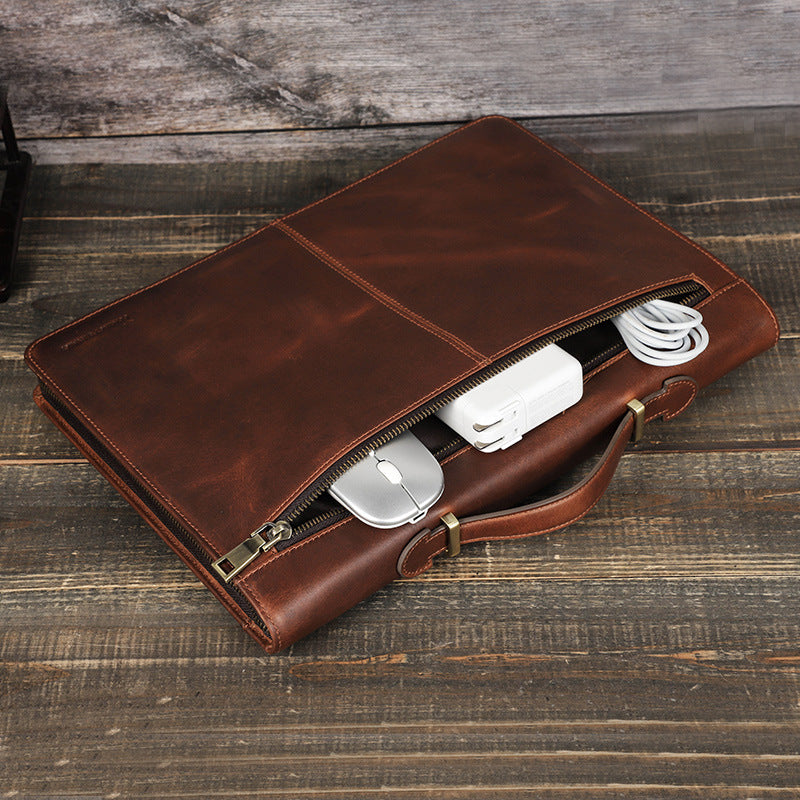 [Personalizable] Vintage Genuine Leather Zipper Folio Laptop Bag Carring Case for Apple MacBook Pro/ Air 15" 16"