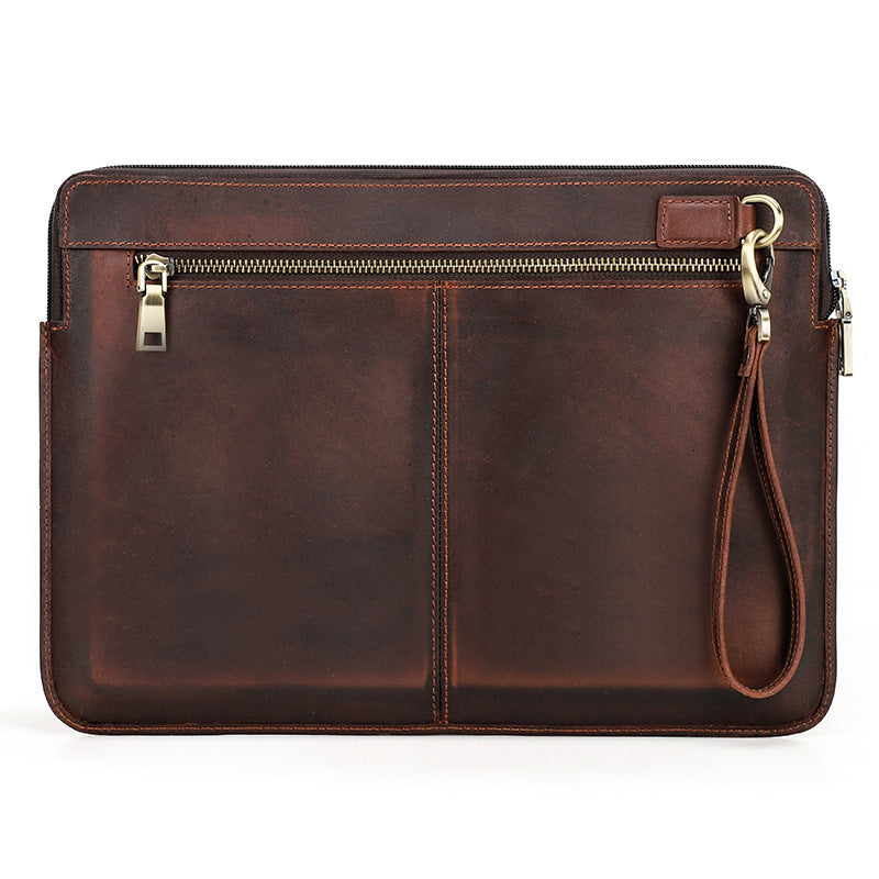 Retro Full Grain Leather Laptop Zipper Sleeve Case for MacBook Pro 13.3" 14" with Detachable Hand Strap