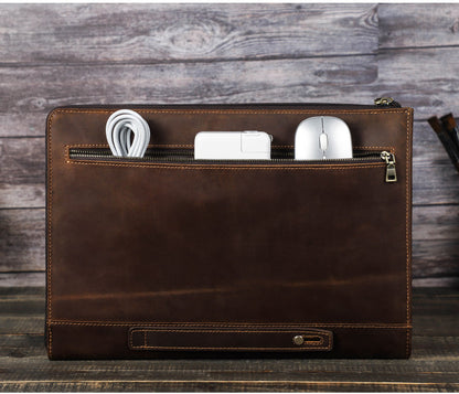 Vintage Crazy Horse Genuine Leather Laptop Zipper Closure Bag Case Handbag for MacBook Pro 14.2"