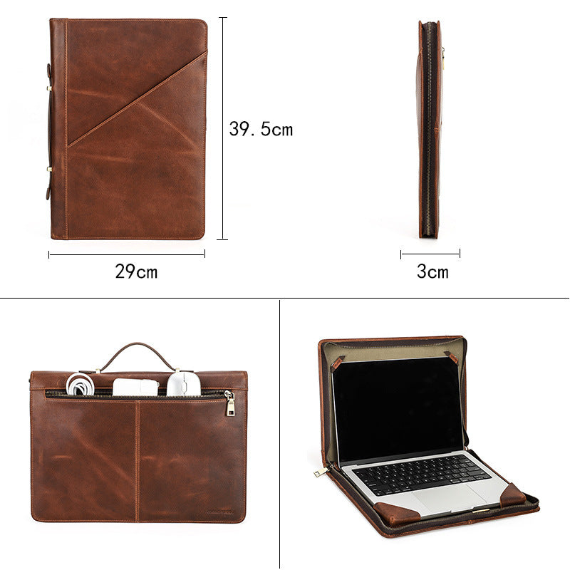 [Personalizable] Vintage Genuine Leather Zipper Folio Laptop Bag Carring Case for Apple MacBook Pro/ Air 15" 16"