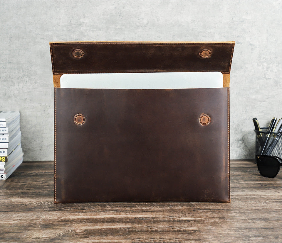 Vintage Crazy Horse Cowhide Leather Magnetic Closure Laptop Sleeve Case for MacBook Air 15"
