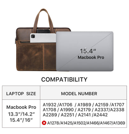 Vintage Vollnarben-Rindsleder-Reißverschluss-Laptoptasche mit doppeltem Handriemen für MacBook Pro/ Air 15“