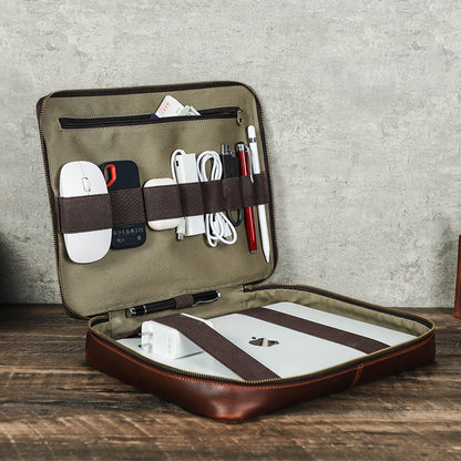 Vintage Handmade Echtleder Laptop Tasche Handtasche für Mac Mini MacBook Pro 13.3„ 14.2“ mit Handschlaufe - Kaffee