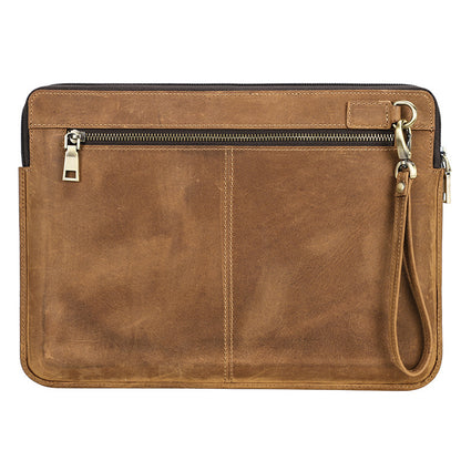 Vintage Vollnarbenleder Laptop-Reißverschlusstasche für MacBook Pro 14-Zoll mit abnehmbarem Handgelenkriemen