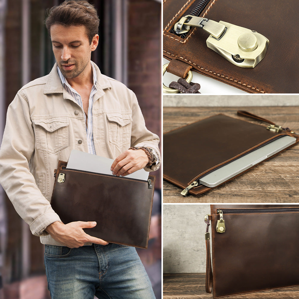 Vintage Genuine Leather Combination Lock Zipper Anti-theft Laptop Sleeve Case for Macbook Pro 14.2"