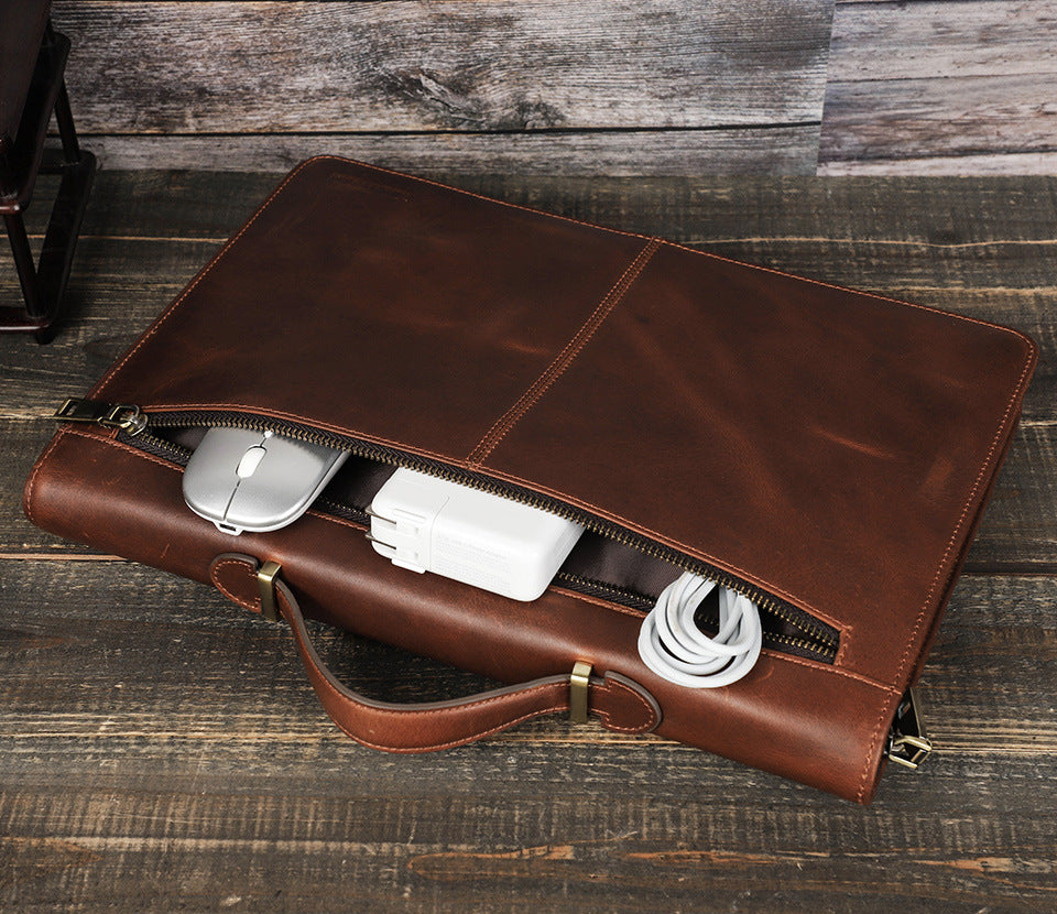 [Personalizable] Vintage Genuine Leather Zipper Folio Laptop Bag Carring Case for Apple MacBook Pro 14.2"