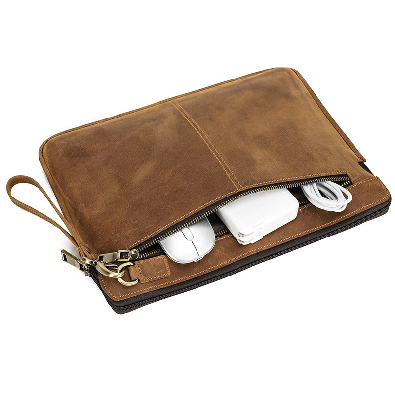 Vintage Vollnarbenleder Laptop-Reißverschlusstasche für MacBook Pro 14-Zoll mit abnehmbarem Handgelenkriemen