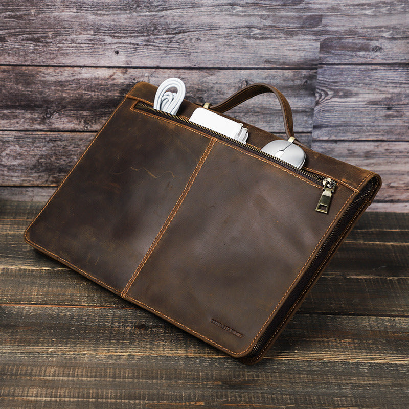 [Personalisierbar] Vintage Echtleder Zipper Folio Laptop Tasche Tragetasche mit Tasche für Apple MacBook Pro 14.2“