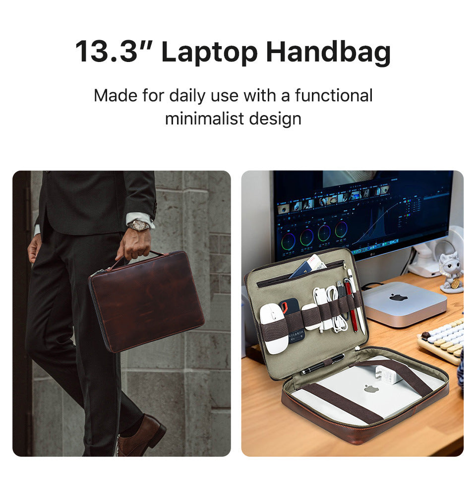 Vintage Handmade Echtleder Laptop Tasche Handtasche für Mac Mini MacBook Pro 13.3„ 14.2“ mit Handschlaufe - Kaffee
