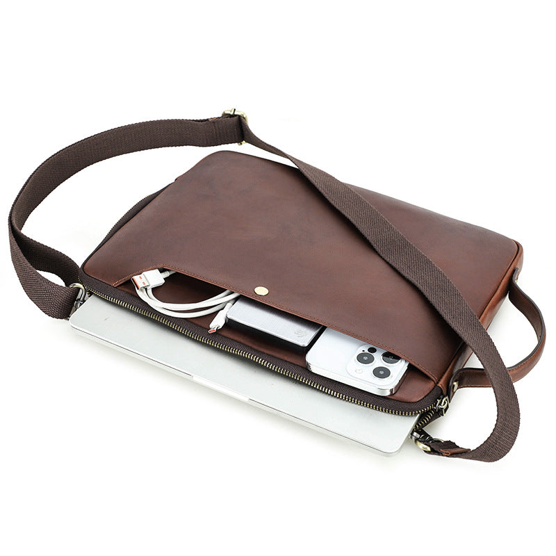 Distressed Genuine Leather Laptop Versatile Single Shoulder Case Bag for MacBook Pro 14.2" with Hand Strap