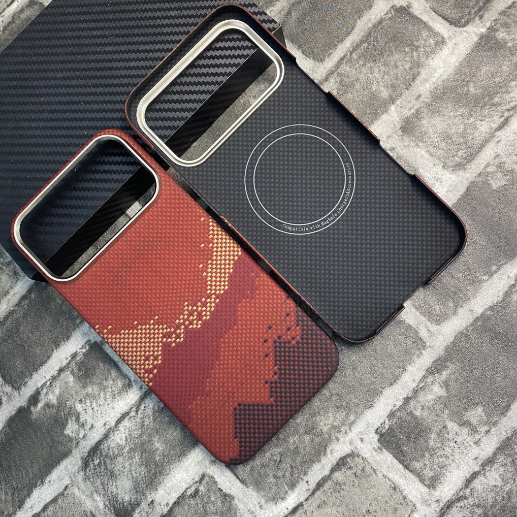 Real aramid fiber Kevlar MagSafe back cover magnetic case for iPhone 17 Pro Max /Air with sunrise red grid woven pattern with metal frame