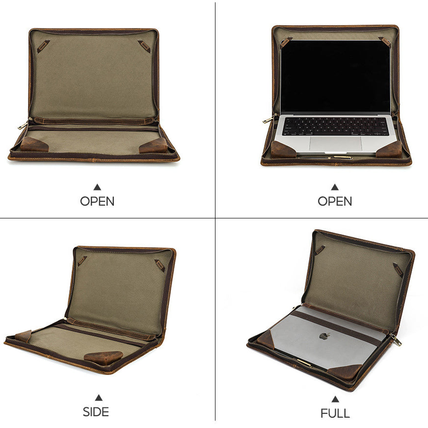 [Personalizable] Vintage Genuine Leather Zipper Folio Laptop Bag Carring Case for Apple MacBook Pro/ Air 13.3"