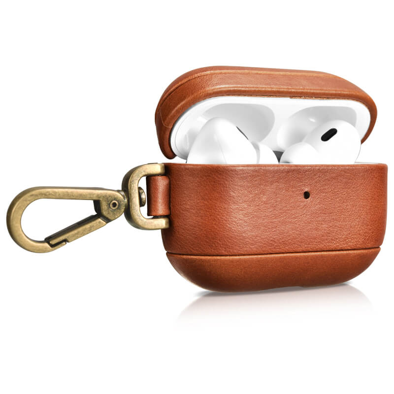 Apple AirPods Pro 2nd (2022) Genuine Leather Case_brown with antiloss metal hook