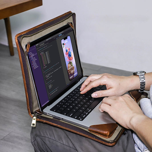 [Personalisierbar] Vintage Echtleder Zipper Folio Laptop Tasche Tragetasche mit Tasche für Apple MacBook Pro 14.2“