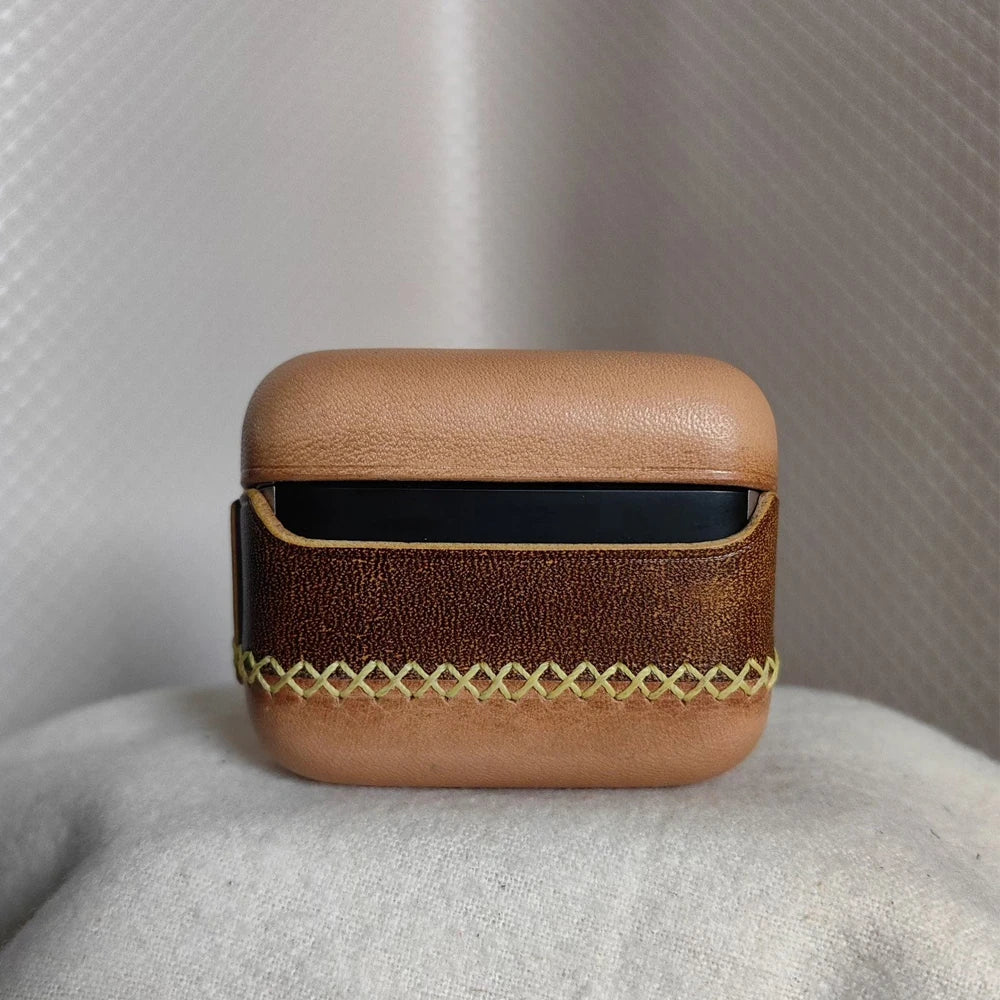 Back view of the Ronuo handmade leather case for Bang & Olufsen Beo Grace earbuds, showing the precise hinge cutout for smooth opening and the distinctive yellow-gold cross-stitch detail on coffee brown and nude leather.