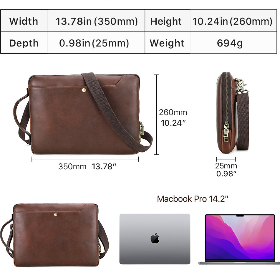 Distressed Genuine Leather Laptop Versatile Single Shoulder Case Bag for MacBook Pro 14.2" with Hand Strap