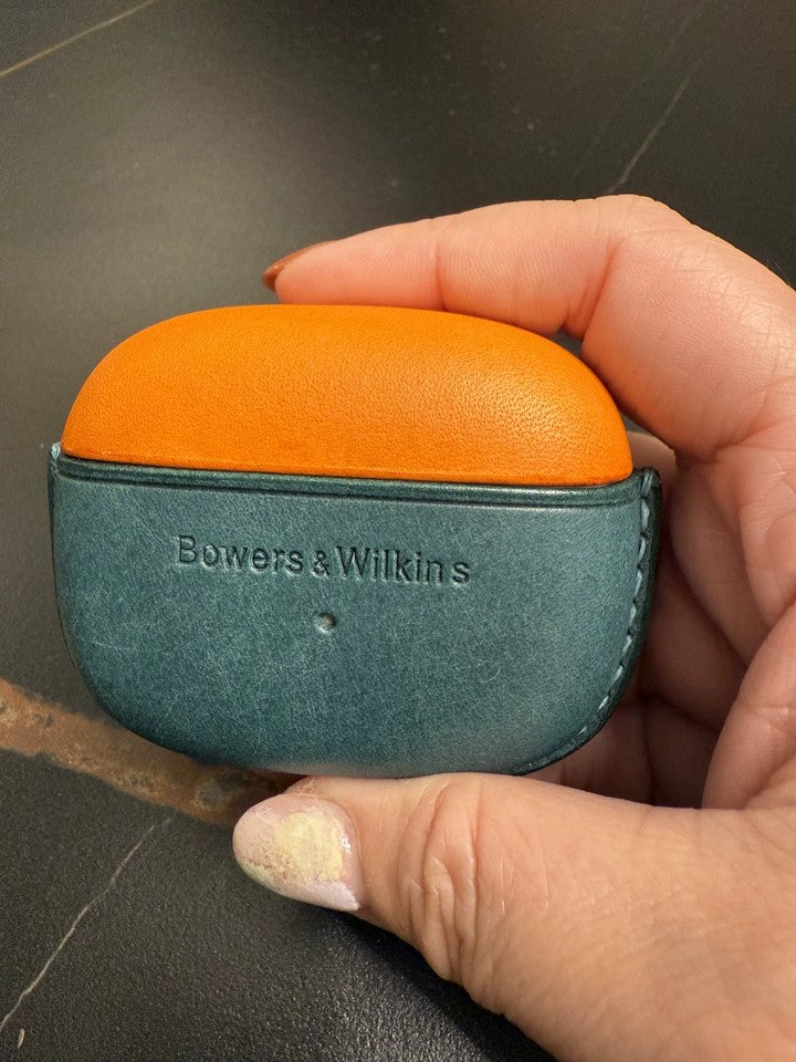 Genuine Leather Wireless Earbuds Case for Bowers & Wilkins Pi8 Pi6_customer review image_orange & peacock blue match color_ with leather strap_outside