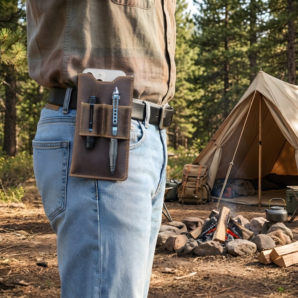 Étui de téléphone EDC en cuir crazy horse café porté à la ceinture dans une scène de camping, illustrant le port à la taille mains libres pour les outils du quotidien.