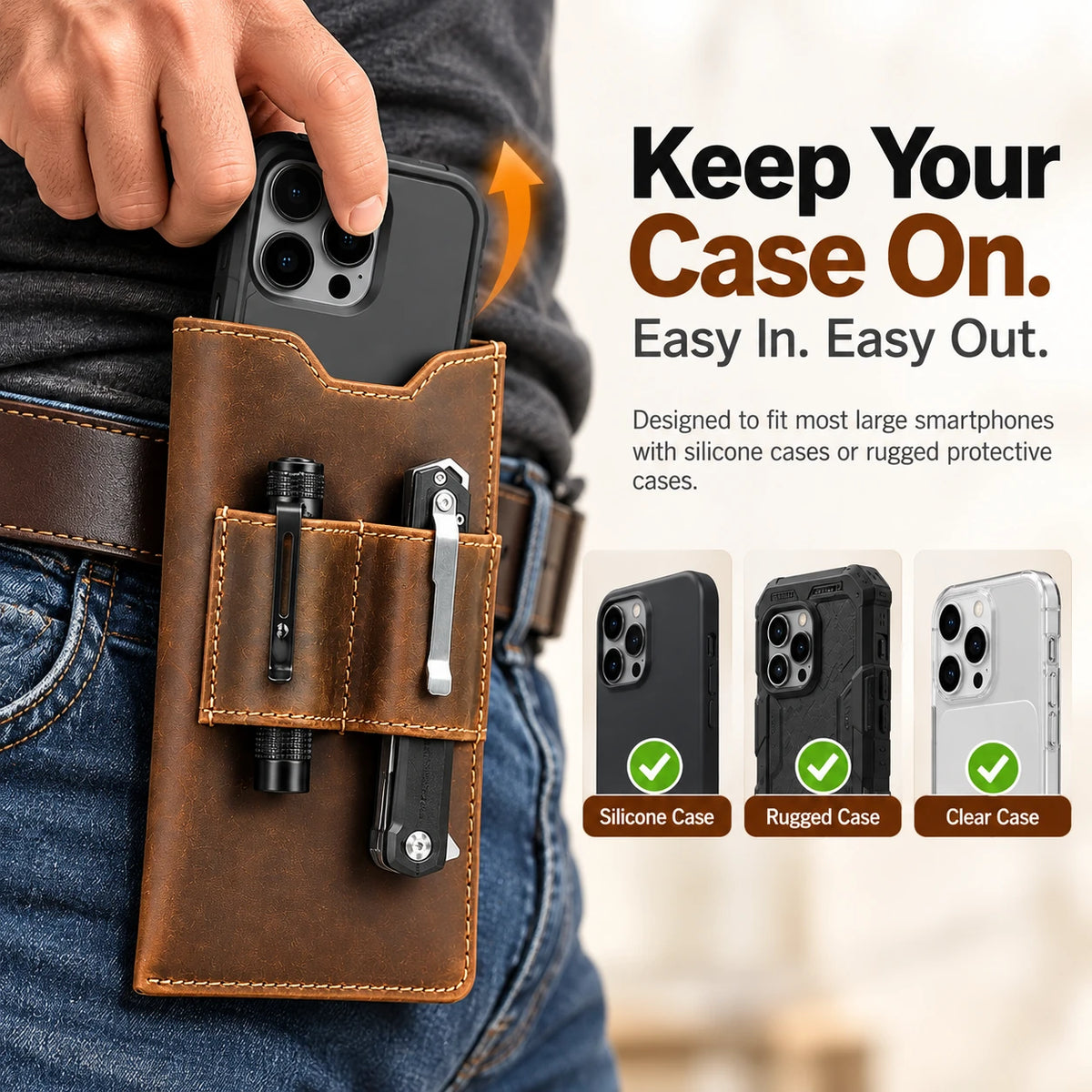 Étui porte-téléphone EDC en cuir porté à la ceinture, mettant en avant l’accès rapide et une conception compatible avec les coques de téléphone épaisses.