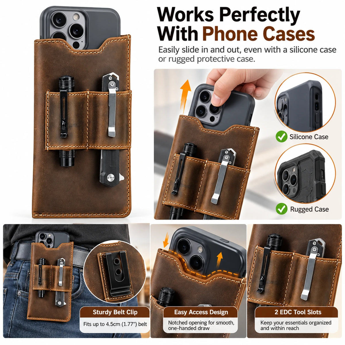 Infographie illustrant la compatibilité de l'étui de téléphone EDC en cuir brun café avec les coques en silicone et les coques renforcées, avec des gros plans sur le clip de ceinture robuste, l'ouverture entaillée pour un accès facile et deux emplacements pour outils EDC.