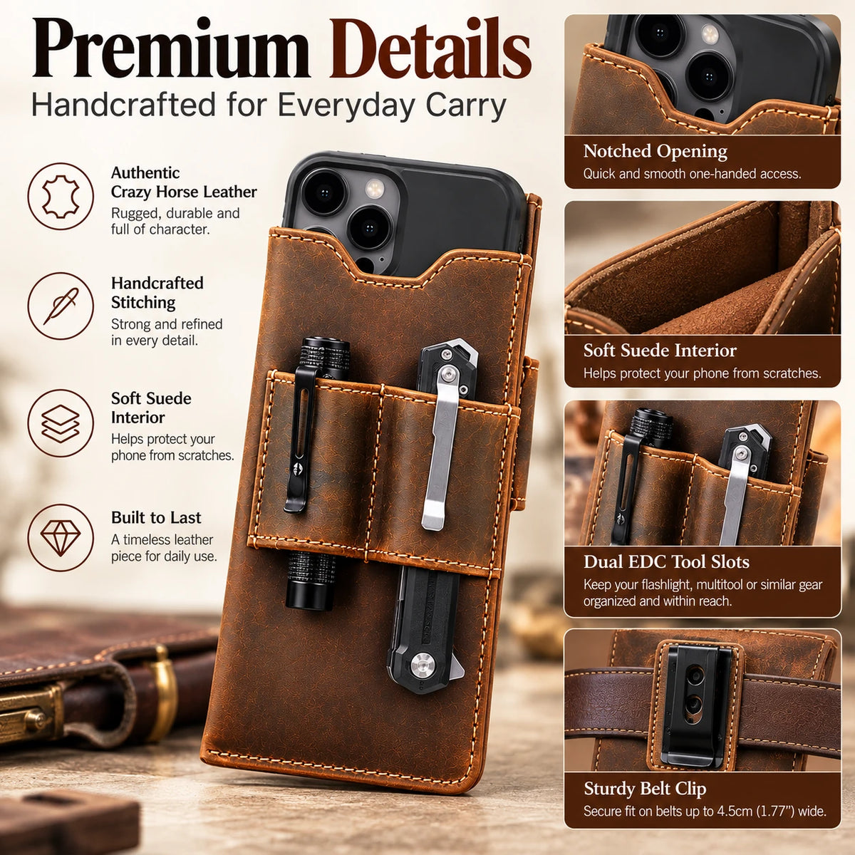 Pochette de téléphone EDC en cuir crazy horse café, vue de face et détails d'artisanat, mettant en valeur des matériaux haut de gamme et des éléments de conception fonctionnels.