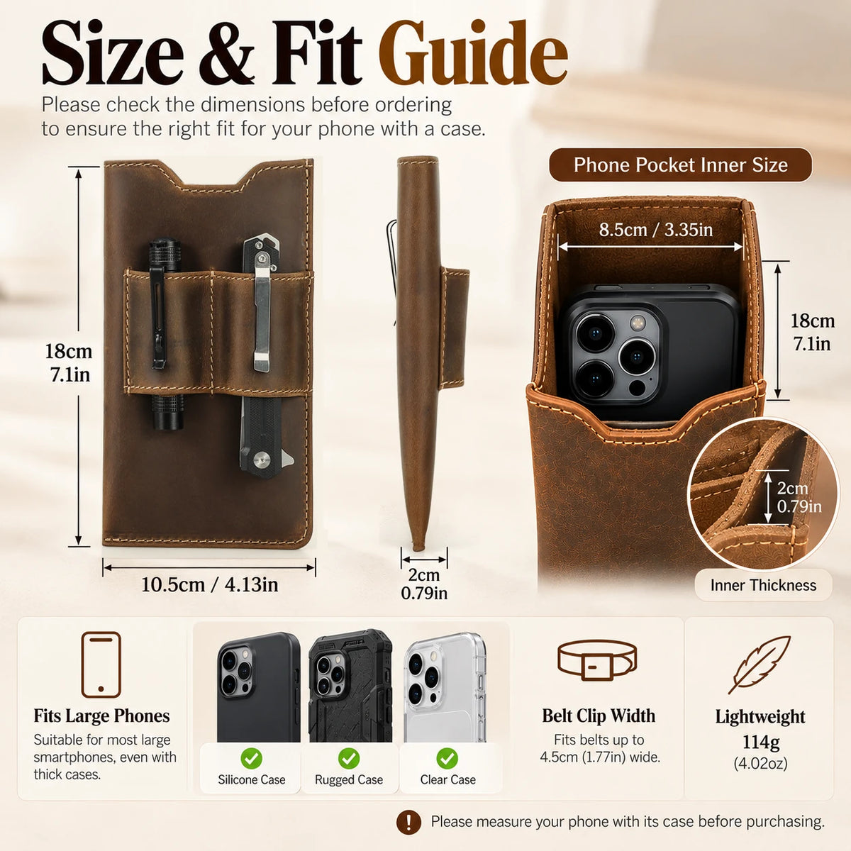 Guide des tailles et dimensions de la pochette pour téléphone EDC en cuir crazy horse couleur café, illustrant la compatibilité avec les grands téléphones et les accessoires EDC du quotidien.