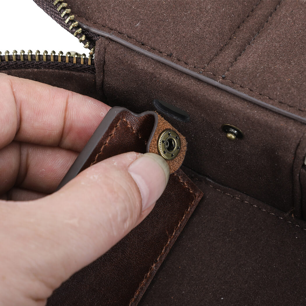 Full Grain Leather Carrying Storage Bag Case for Sony WH1000XM6 Headphone  inside compartment buckle showing
