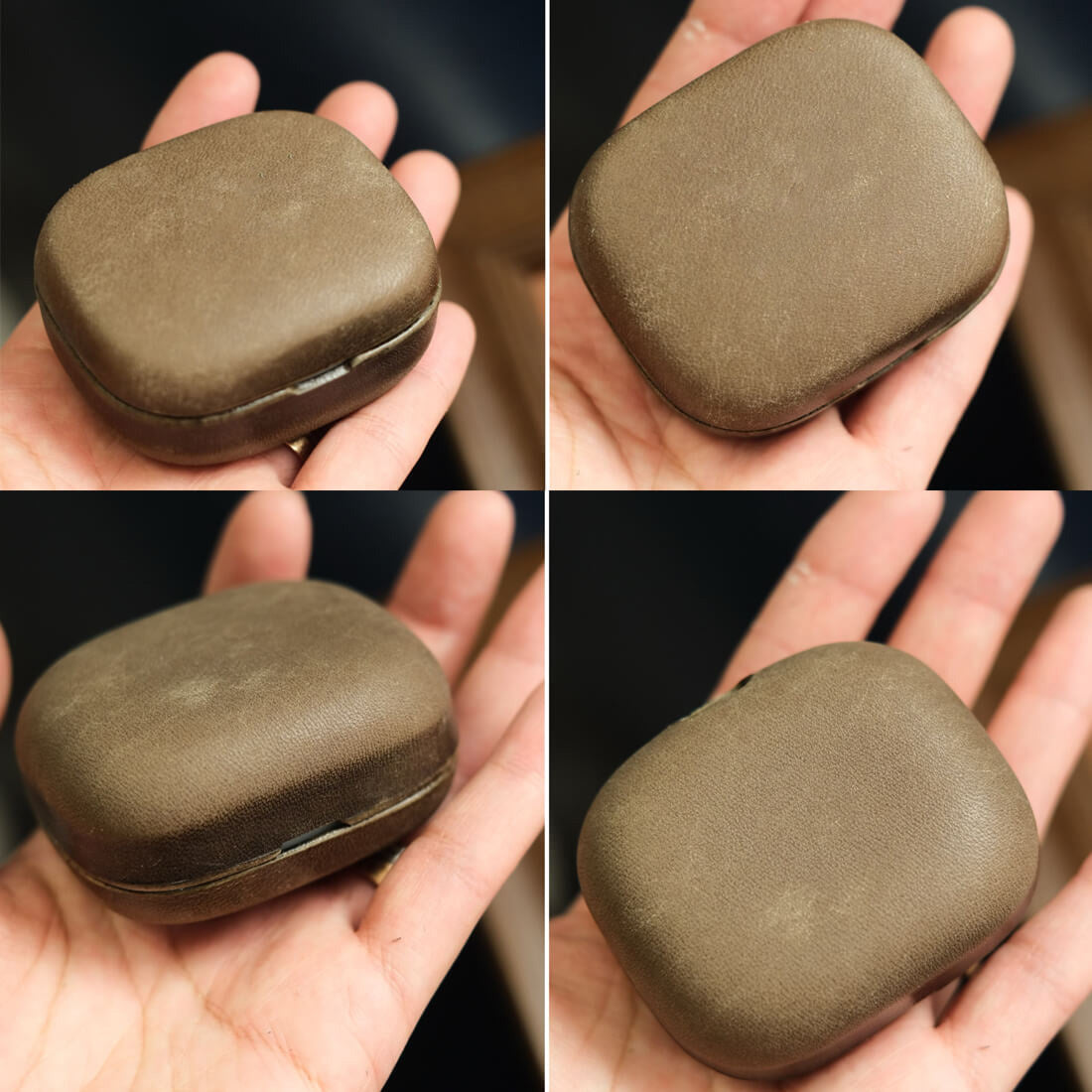 Estojo artesanal em pele genuína para o Beyerdynamic AMIRON 300 em cinzento mate com aspeto em grande plano