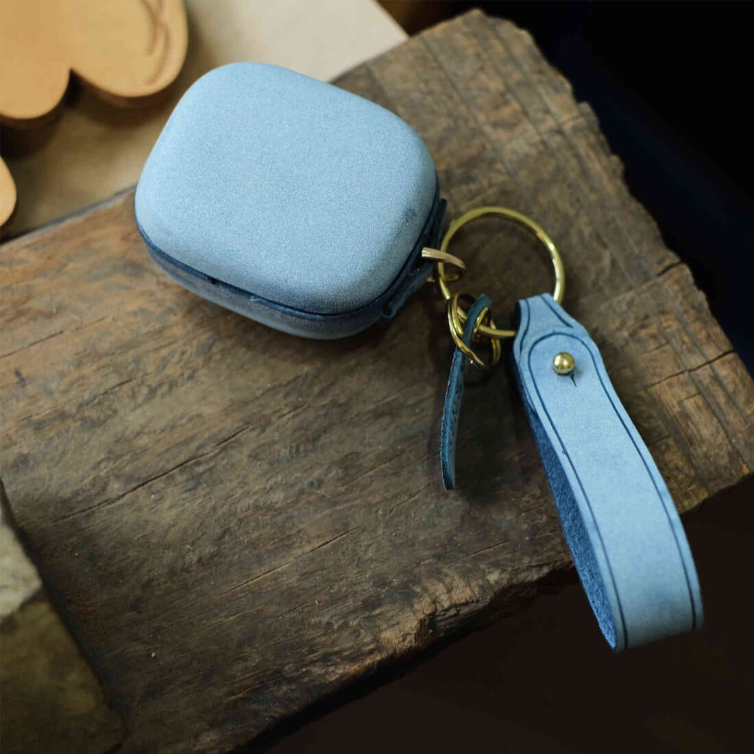 handcrafted genuine leather case for Beyerdynamic AMIRON 300 in misty wax blue with side ring &amp; portable leather strap