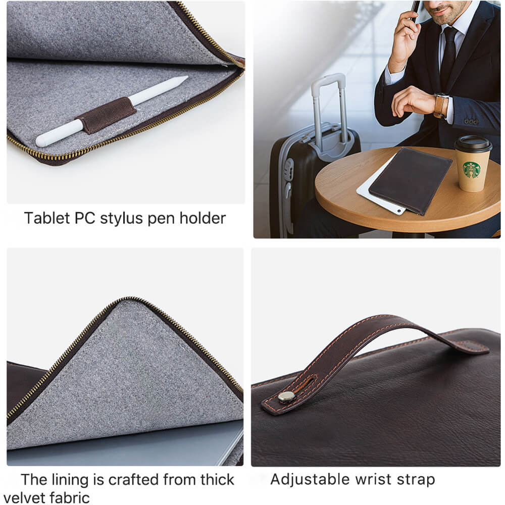 Handcrafted Personalized Full-grain Leather Zipper Tablet Sleeve for iPad Pro Air 12.9" 11" 10.5" /Mini 8.3" with Adjustable Handle