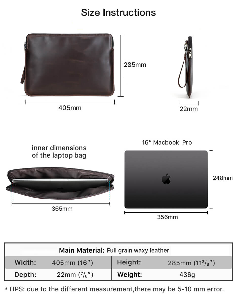 フルグレインオイルビードレザー製16インチMacBook Pro用ラップトップジッパーケース（手首ストラップ・キャリーバッグ用ストラップ付き） - サイズと重量に関する説明