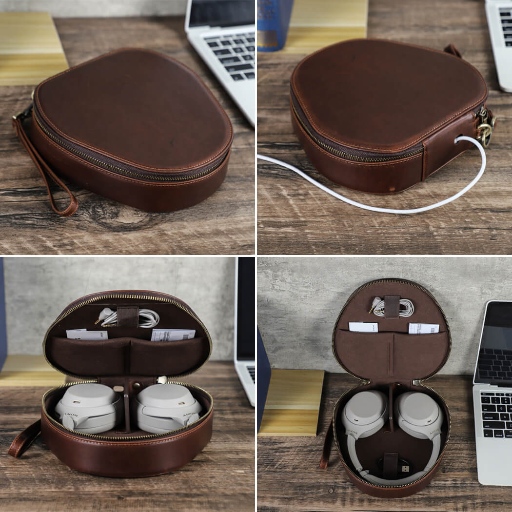 Brown leather headset case with Sony WH-1000XM6 headphones inside, shown from multiple angles on a wooden surface.