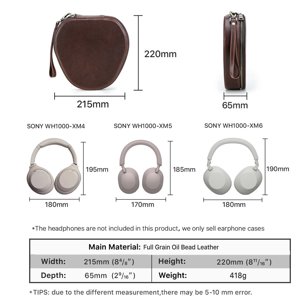 Measurement chart of a brown earphone case with dimensions and comparisons to Sony WH-1000XM4, WH-1000XM5, and WH-1000XM6 headphones.