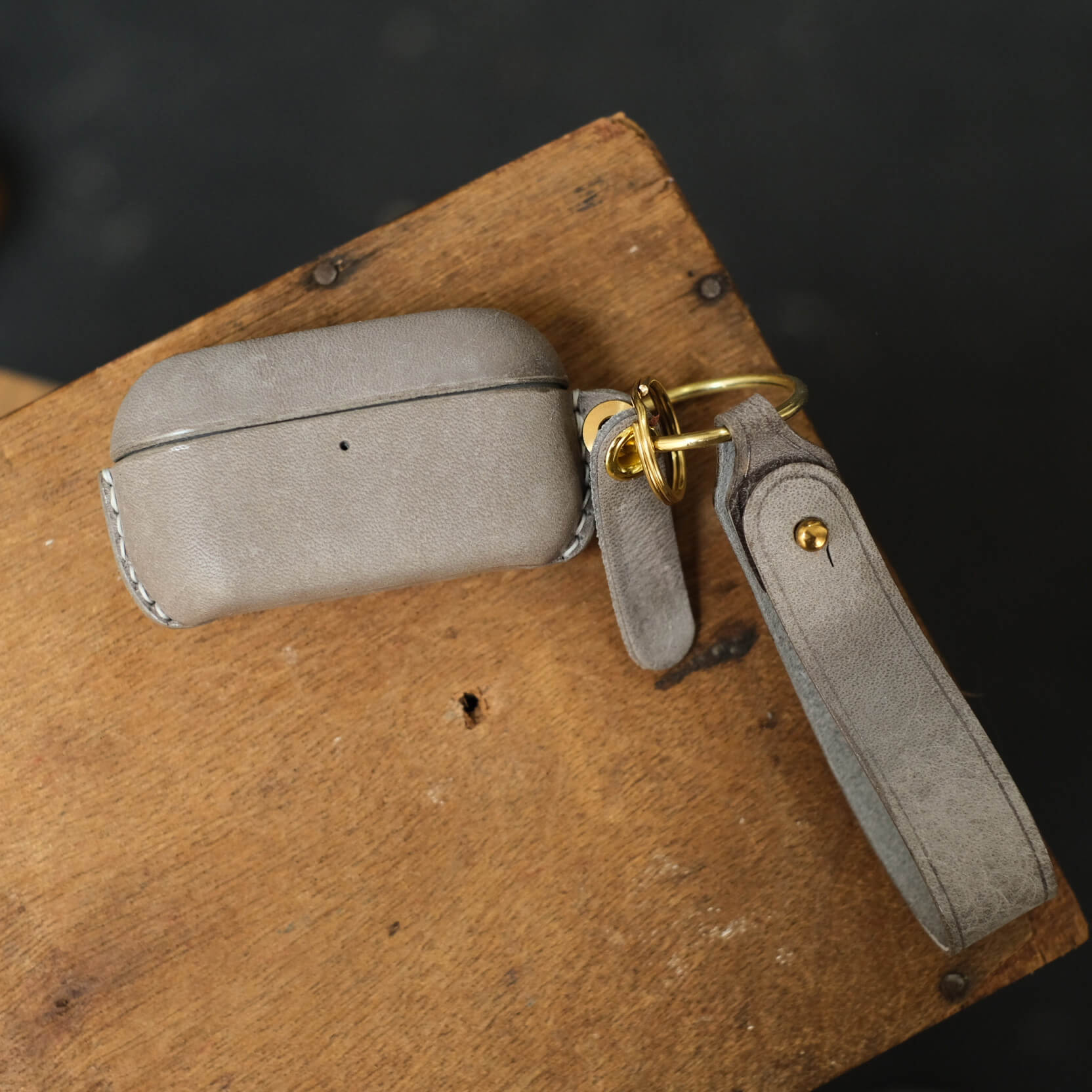 Handcrafted custom personalized genuine leather earbuds case for Panasonic Technics EAH AZ100 in elephant grey with side key ring and leather strap