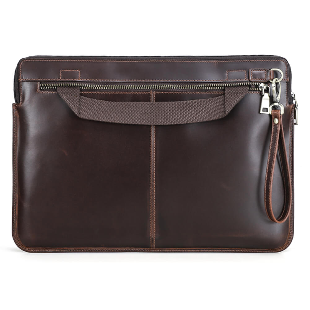 Front view of brown coffee leather MacBook Pro 16 case with zipper closure, detachable wrist strap, and luggage trolley strap.