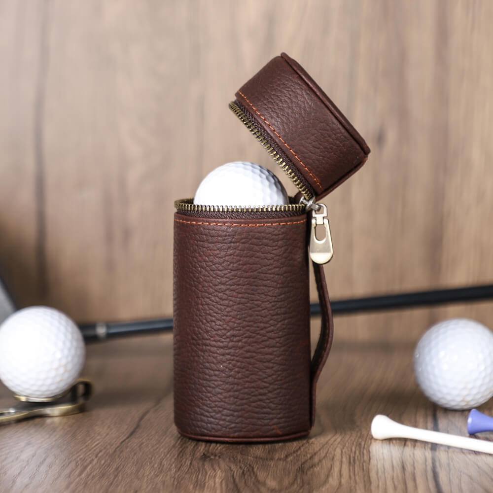 Handcrafted full-grain leather golf ball pouch in coffee color, cylindrical 3-ball holder with zipper