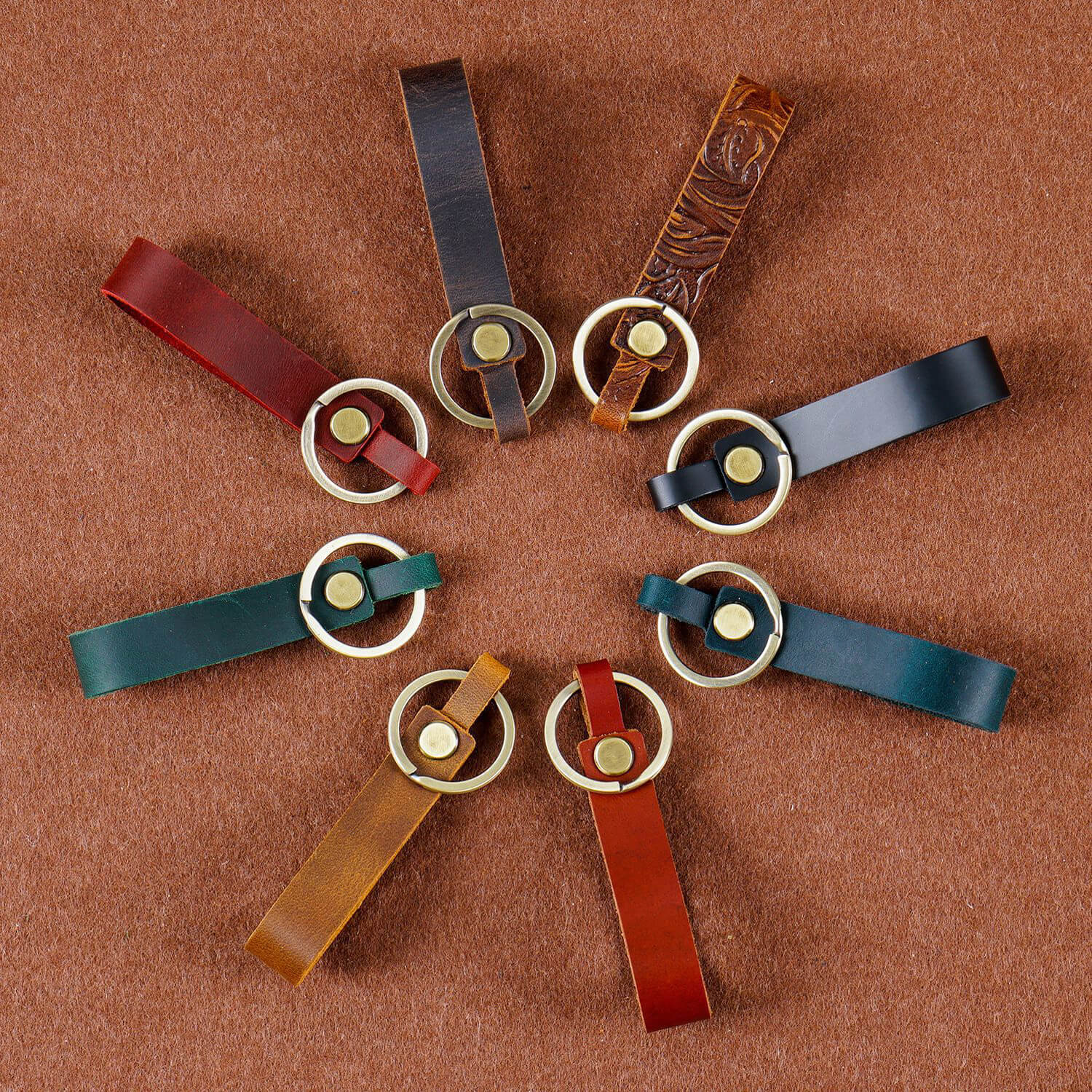 Set of handcrafted full grain leather keychain strap with metal rings color display