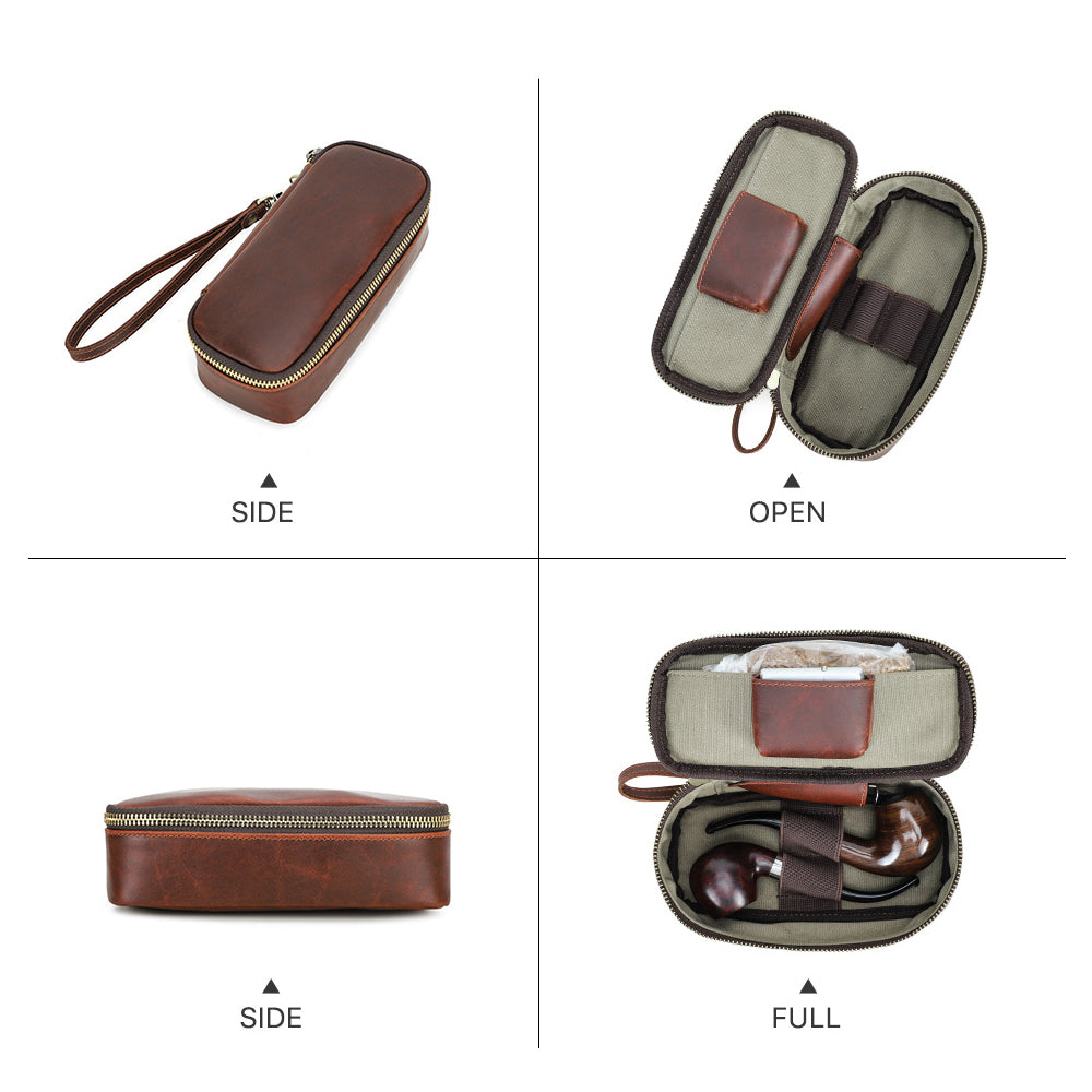 Handcrafted leather pipe and tobacco pouch vintage travel case smoking accessories - close-up of opening with inside compartments