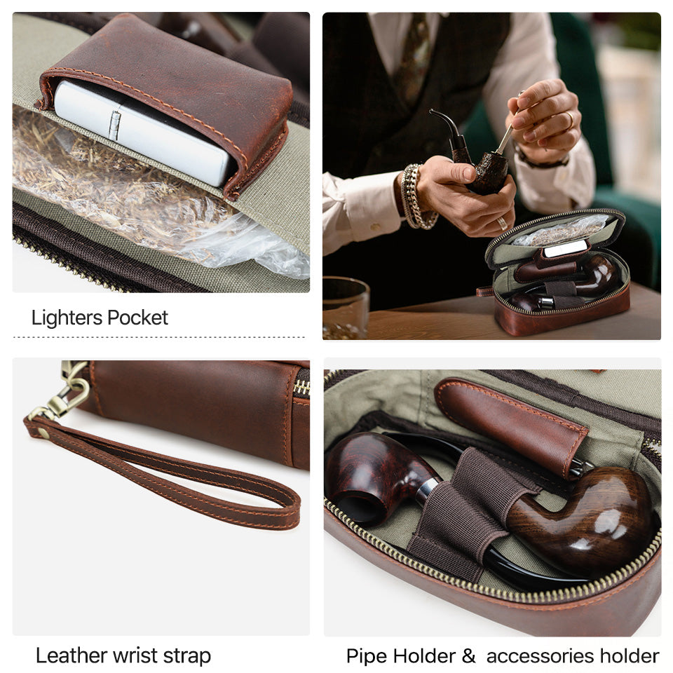 Handcrafted leather pipe and tobacco pouch vintage travel case smoking accessories - close-up of opening with inside compartments