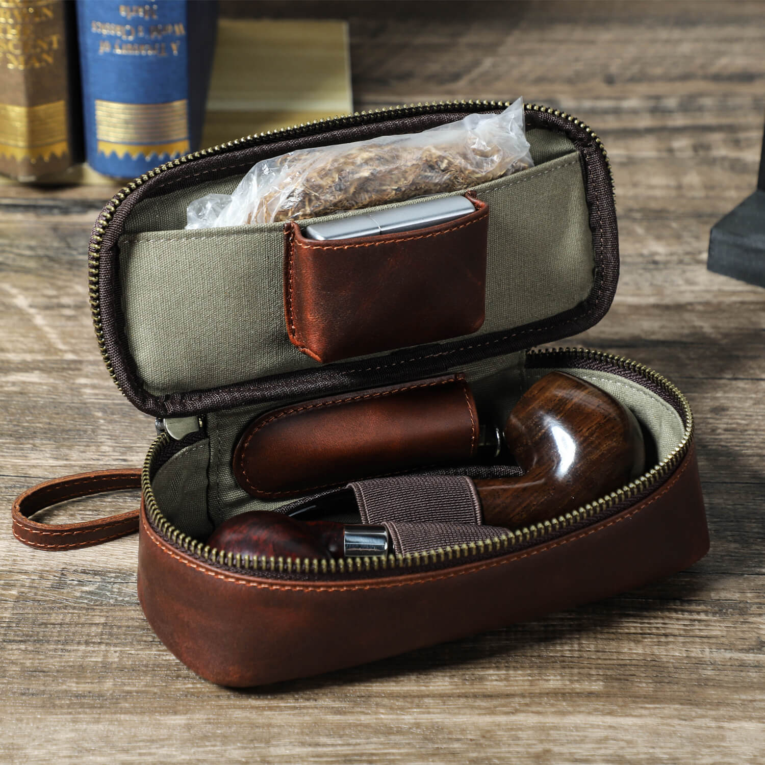 Handcrafted leather pipe and tobacco pouch vintage travel case smoking accessories - close-up of opening with inside compartments